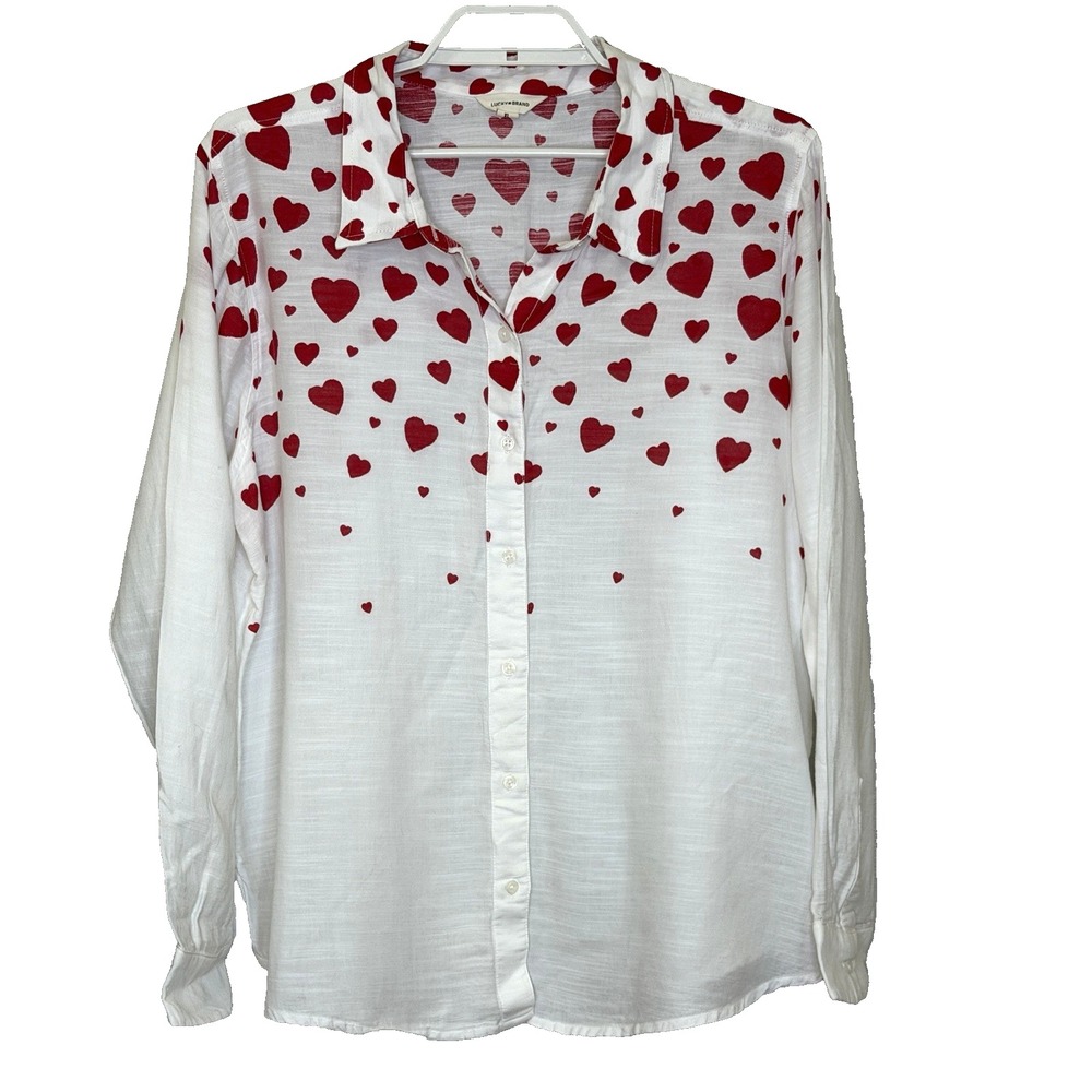 Lucky Brand Button Front Top Womens Sz XL White Red Hearts Long Sleeve Collared